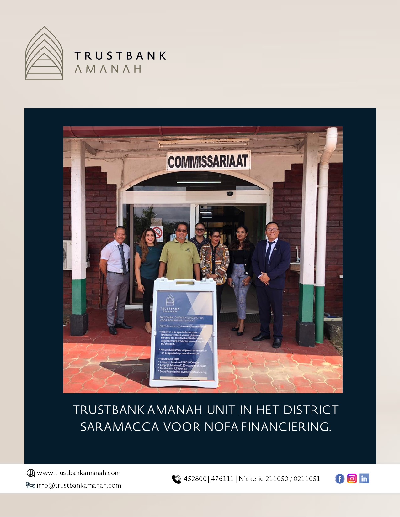 Trustbank Amanah NOFA financieringsaanvragen nu mogelijk in het district Saramacca.